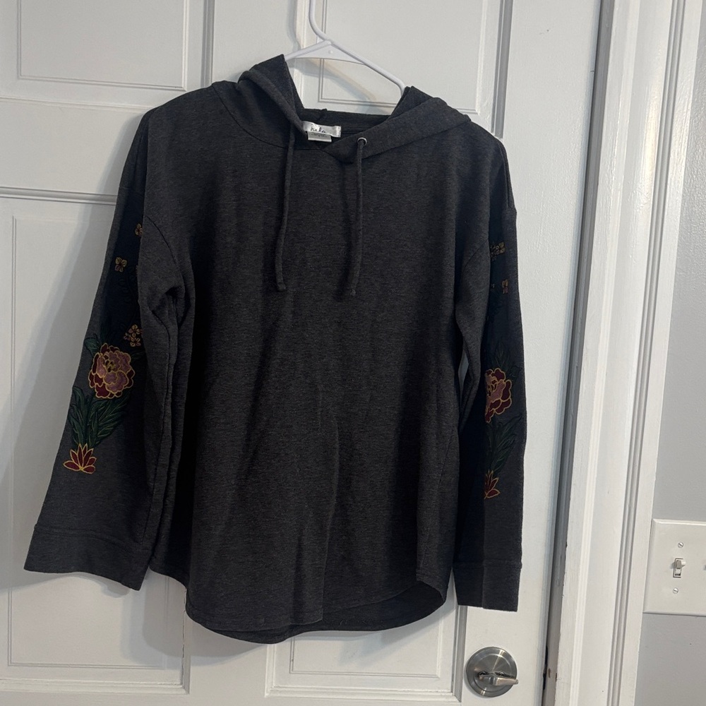 Dark Gray Hooded Women's Sweater with Floral Sleeve Embroidery